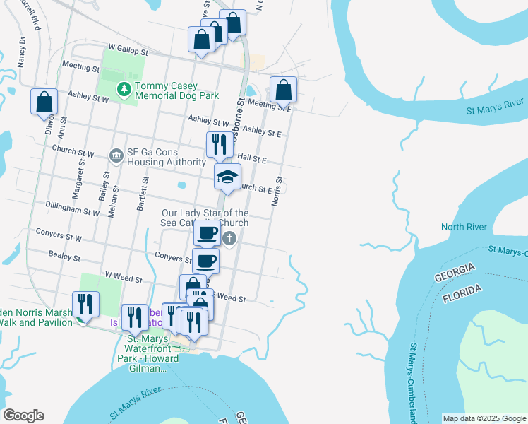 map of restaurants, bars, coffee shops, grocery stores, and more near 603 Norris Street in St. Marys