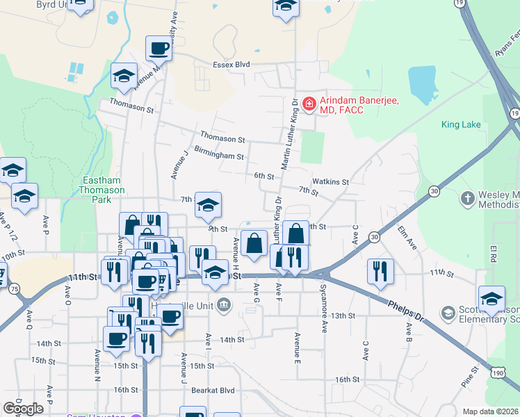 map of restaurants, bars, coffee shops, grocery stores, and more near 610 8th Street in Huntsville