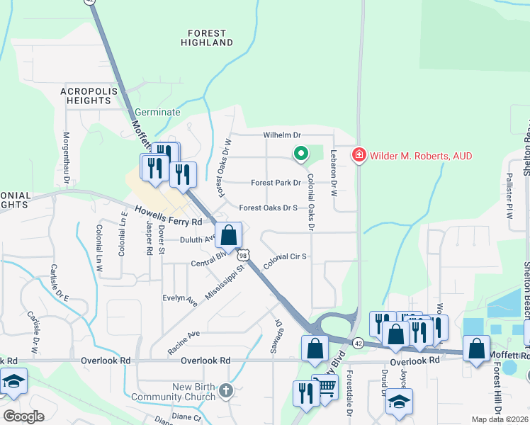map of restaurants, bars, coffee shops, grocery stores, and more near 5401 Forest Oaks Drive South in Mobile