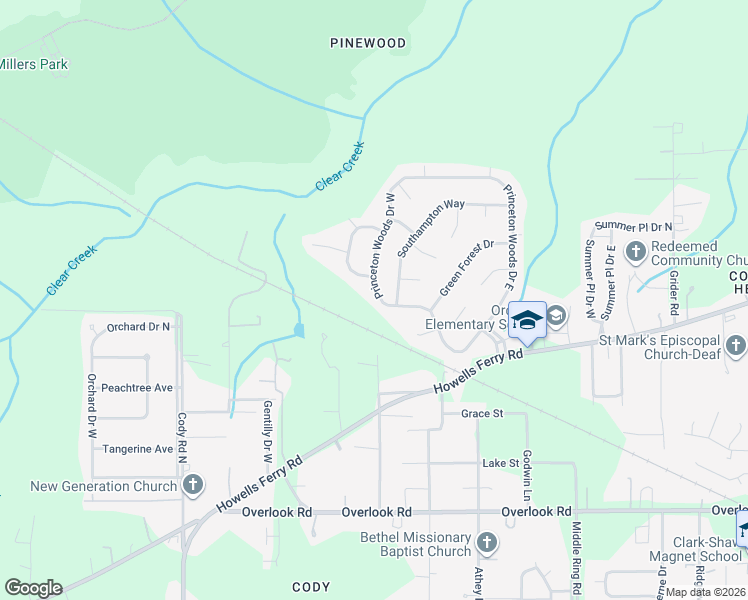 map of restaurants, bars, coffee shops, grocery stores, and more near 1709 Princeton Woods Drive West in Mobile