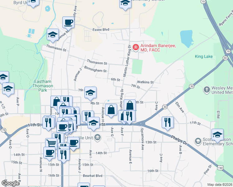 map of restaurants, bars, coffee shops, grocery stores, and more near 610 8th Street in Huntsville