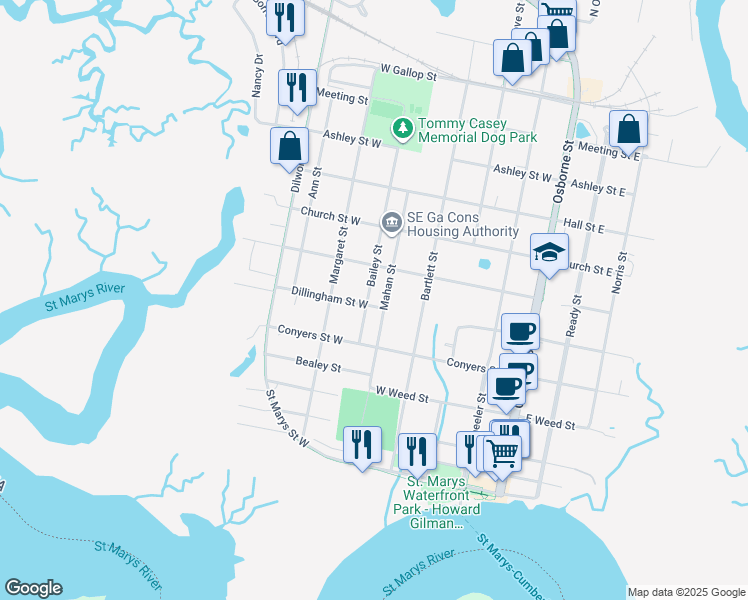 map of restaurants, bars, coffee shops, grocery stores, and more near 500 Bailey Street in St. Marys