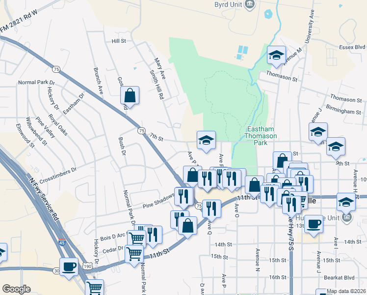 map of restaurants, bars, coffee shops, grocery stores, and more near 1712 Pleasant Street in Huntsville