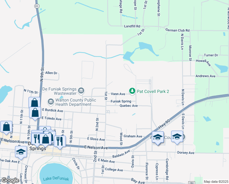 map of restaurants, bars, coffee shops, grocery stores, and more near 223 Vann Avenue in DeFuniak Springs