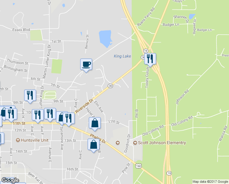 map of restaurants, bars, coffee shops, grocery stores, and more near 123 Utley Road in Huntsville