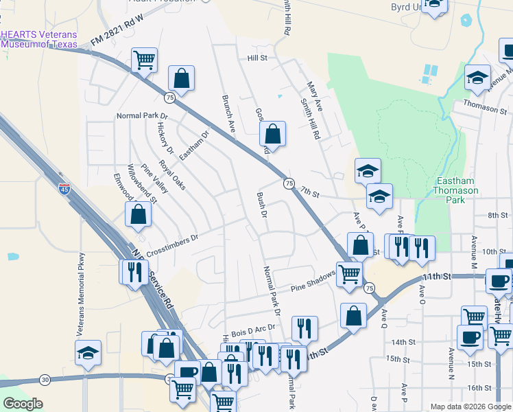 map of restaurants, bars, coffee shops, grocery stores, and more near 314 Bush Drive in Huntsville