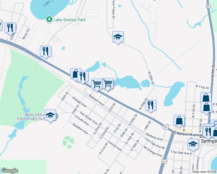 map of restaurants, bars, coffee shops, grocery stores, and more near 67 North Byers Street in DeFuniak Springs