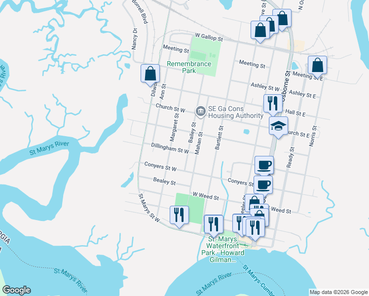 map of restaurants, bars, coffee shops, grocery stores, and more near 501 Bailey Street in St. Marys