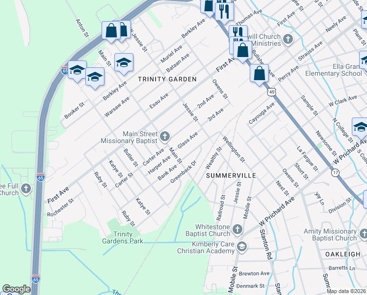 map of restaurants, bars, coffee shops, grocery stores, and more near 2628 Bank Avenue in Mobile