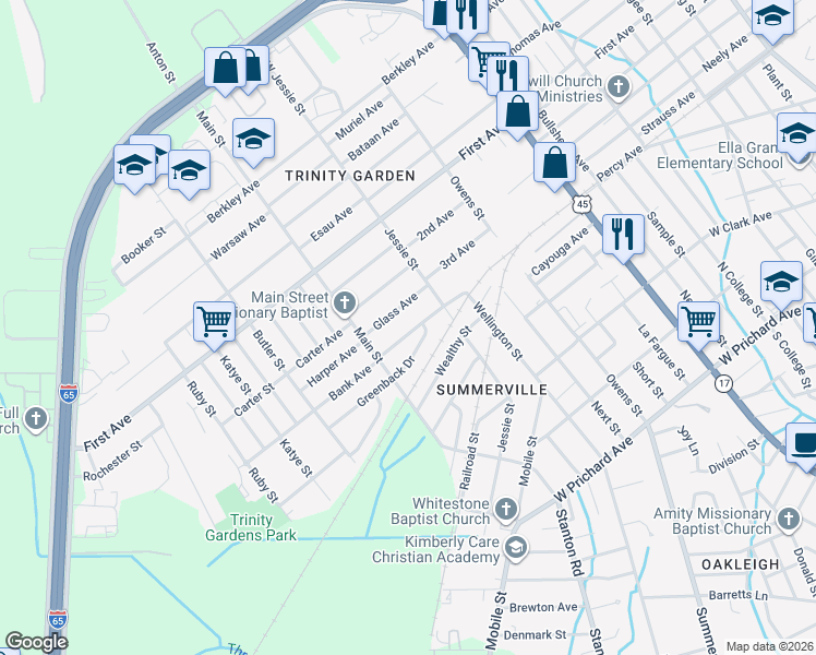 map of restaurants, bars, coffee shops, grocery stores, and more near 2628 Bank Avenue in Mobile