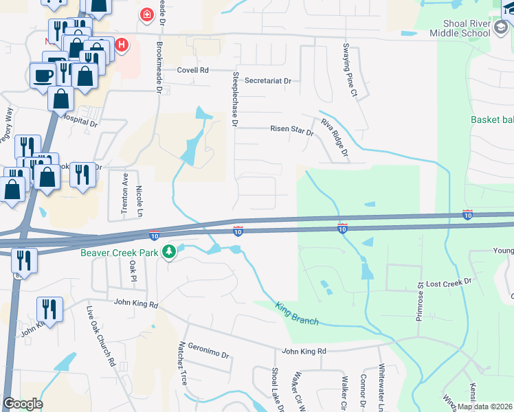 map of restaurants, bars, coffee shops, grocery stores, and more near Interstate 10 in Crestview
