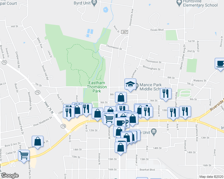 map of restaurants, bars, coffee shops, grocery stores, and more near 701 Avenue M in Huntsville