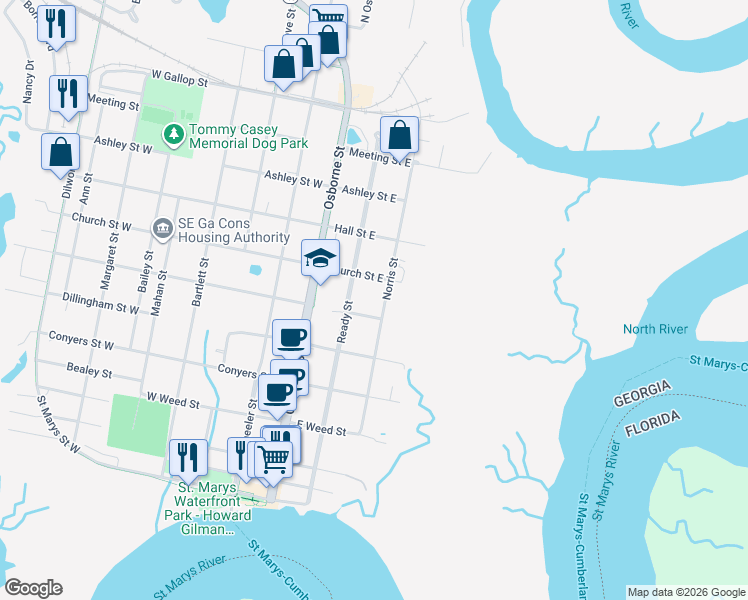 map of restaurants, bars, coffee shops, grocery stores, and more near 603 Norris Street in St. Marys