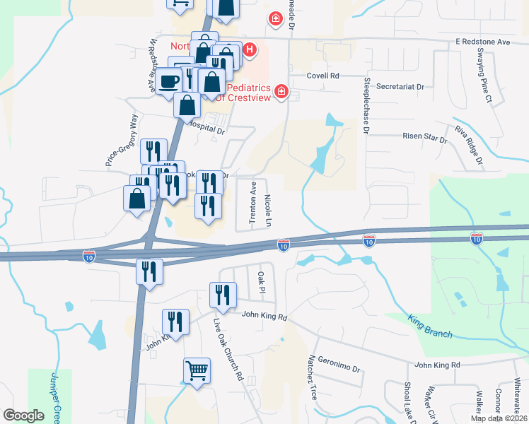 map of restaurants, bars, coffee shops, grocery stores, and more near 120 Trenton Avenue in Crestview