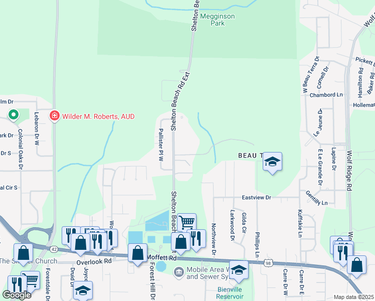 map of restaurants, bars, coffee shops, grocery stores, and more near 1830 Shelton Beach Road Extension in Mobile