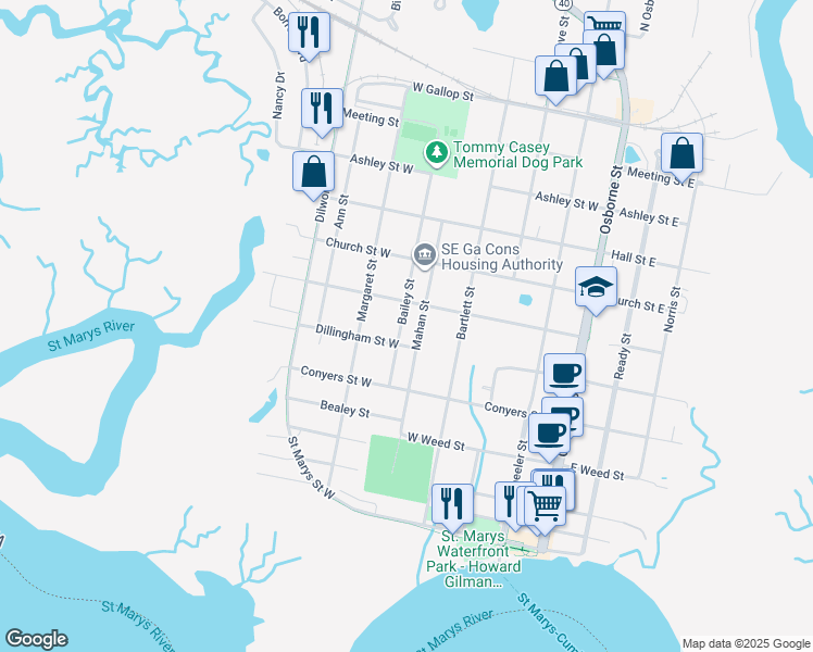 map of restaurants, bars, coffee shops, grocery stores, and more near 500 Bailey Street in St. Marys