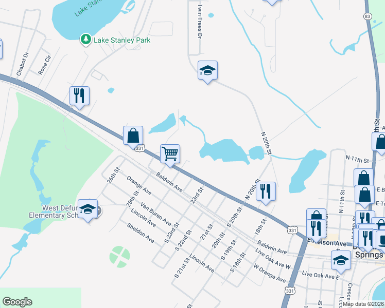 map of restaurants, bars, coffee shops, grocery stores, and more near 67 North Byers Street in DeFuniak Springs
