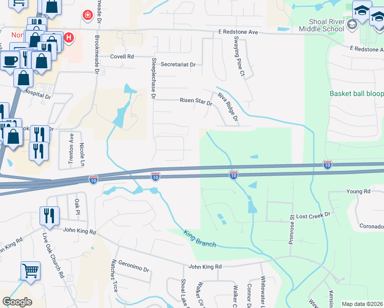 map of restaurants, bars, coffee shops, grocery stores, and more near 2834 Penney Lane in Crestview