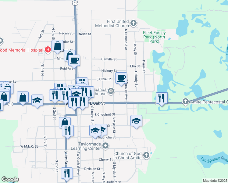 map of restaurants, bars, coffee shops, grocery stores, and more near East Mulberry Street in Amite City