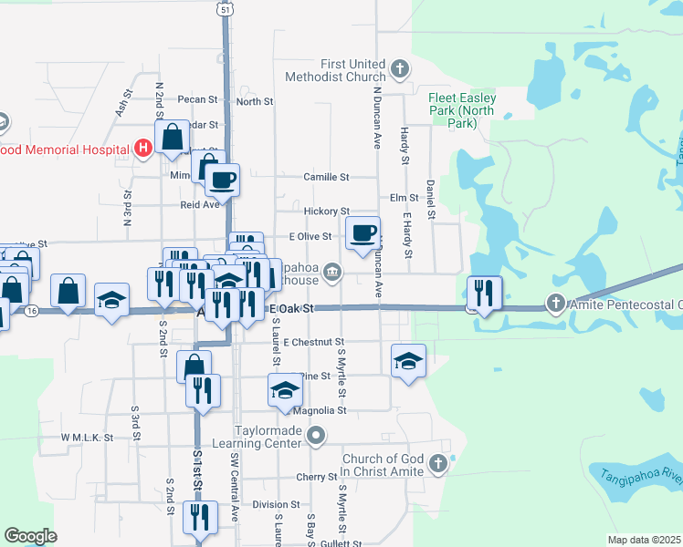 map of restaurants, bars, coffee shops, grocery stores, and more near East Mulberry Street in Amite City