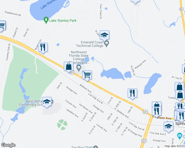 map of restaurants, bars, coffee shops, grocery stores, and more near 98 Bishop Pond Road in DeFuniak Springs