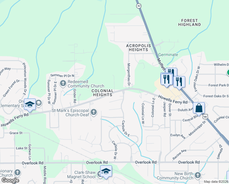 map of restaurants, bars, coffee shops, grocery stores, and more near 1900 Hall Road in Mobile