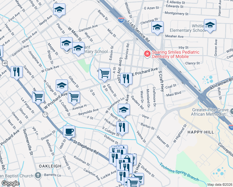 map of restaurants, bars, coffee shops, grocery stores, and more near 101-199 Edison Street in Prichard