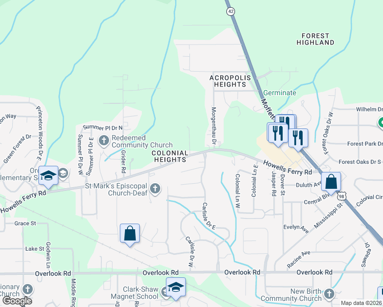 map of restaurants, bars, coffee shops, grocery stores, and more near 1900-1950 Hall Road in Mobile