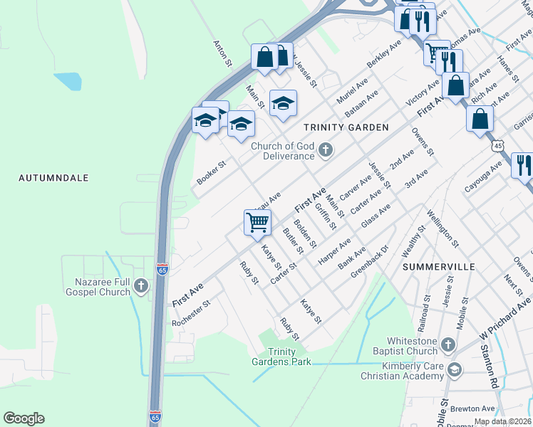 map of restaurants, bars, coffee shops, grocery stores, and more near 1857 Butler St in Mobile