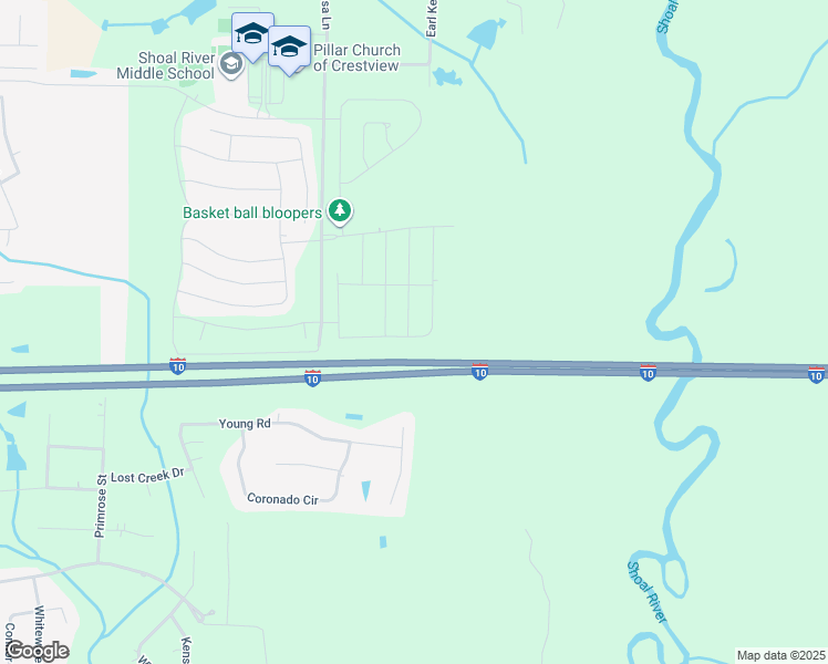 map of restaurants, bars, coffee shops, grocery stores, and more near Interstate 10 in Crestview