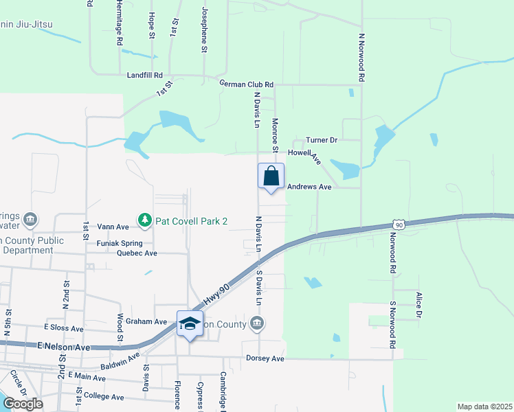 map of restaurants, bars, coffee shops, grocery stores, and more near 125 North Davis Lane in DeFuniak Springs