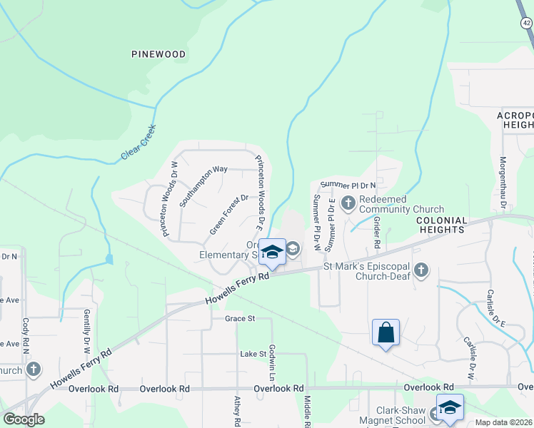 map of restaurants, bars, coffee shops, grocery stores, and more near 1805 Princeton Woods Drive East in Mobile