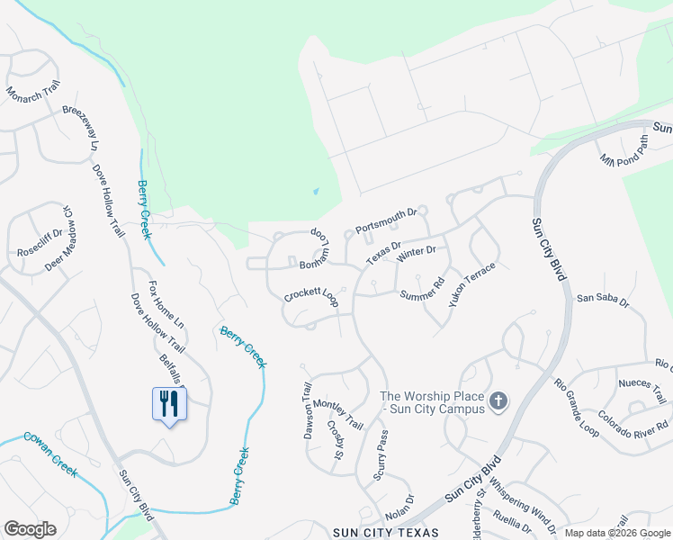 map of restaurants, bars, coffee shops, grocery stores, and more near 117 Honey Creek Trail in Georgetown