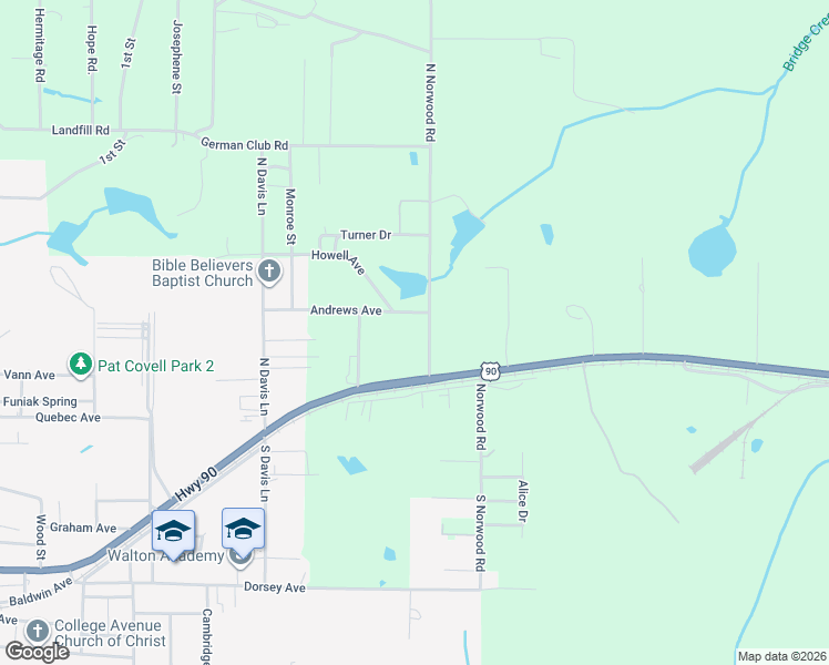 map of restaurants, bars, coffee shops, grocery stores, and more near 93 North Norwood Road in DeFuniak Springs