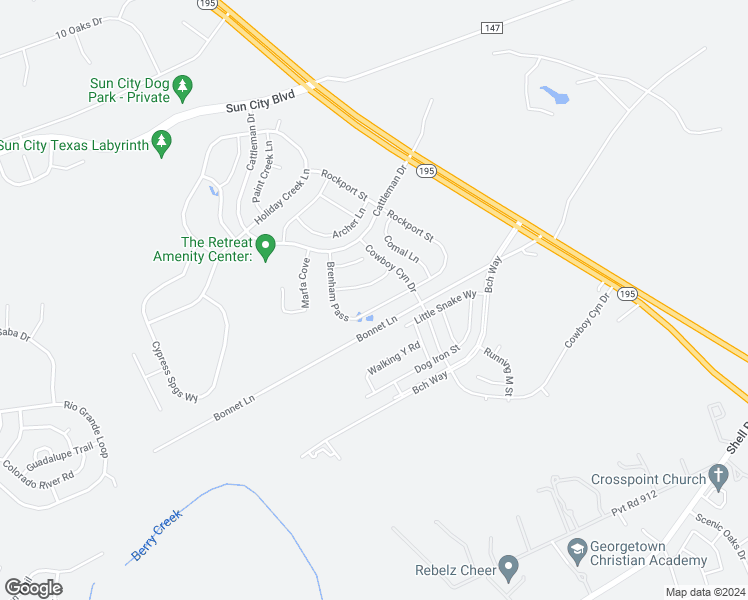 map of restaurants, bars, coffee shops, grocery stores, and more near 327 Brenham Pass in Georgetown