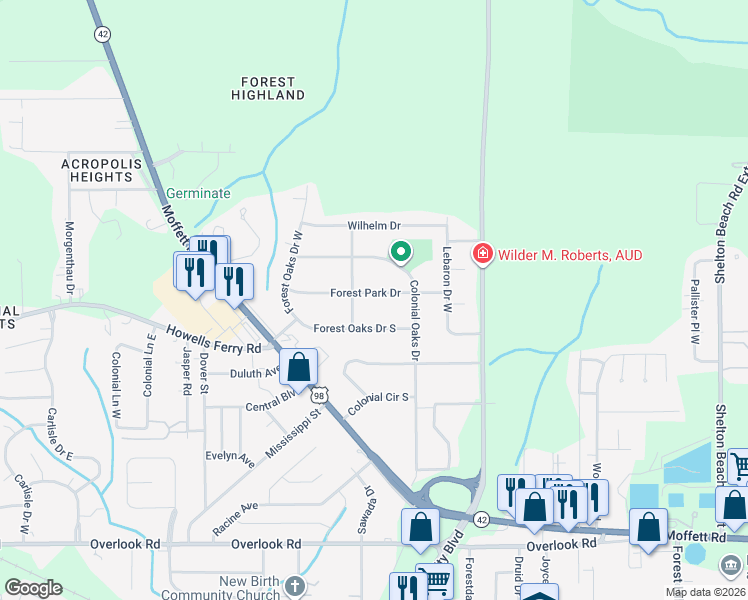 map of restaurants, bars, coffee shops, grocery stores, and more near 5314 Forest Park Drive in Mobile