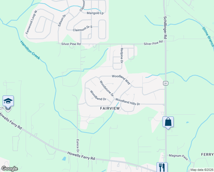 map of restaurants, bars, coffee shops, grocery stores, and more near 1830 Woodstone Court East in Semmes