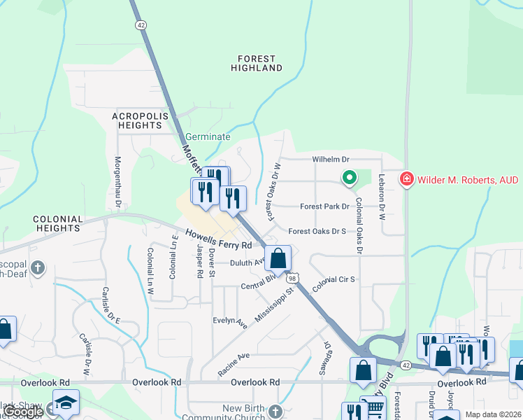 map of restaurants, bars, coffee shops, grocery stores, and more near 1901-1959 W Forest Oaks Dr in Mobile