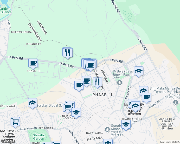 map of restaurants, bars, coffee shops, grocery stores, and more near IT Park Road in Chandigarh