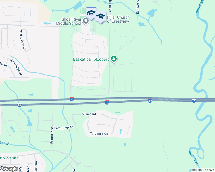 map of restaurants, bars, coffee shops, grocery stores, and more near 957 Merganser Way in Crestview