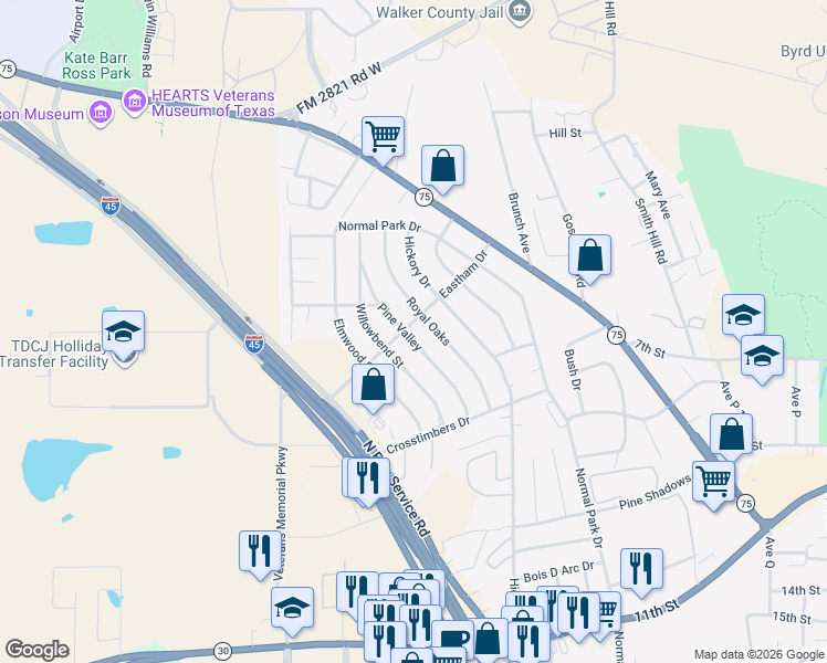 map of restaurants, bars, coffee shops, grocery stores, and more near 201 Pine Valley in Huntsville