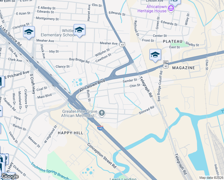 map of restaurants, bars, coffee shops, grocery stores, and more near 713 Chin St in Mobile