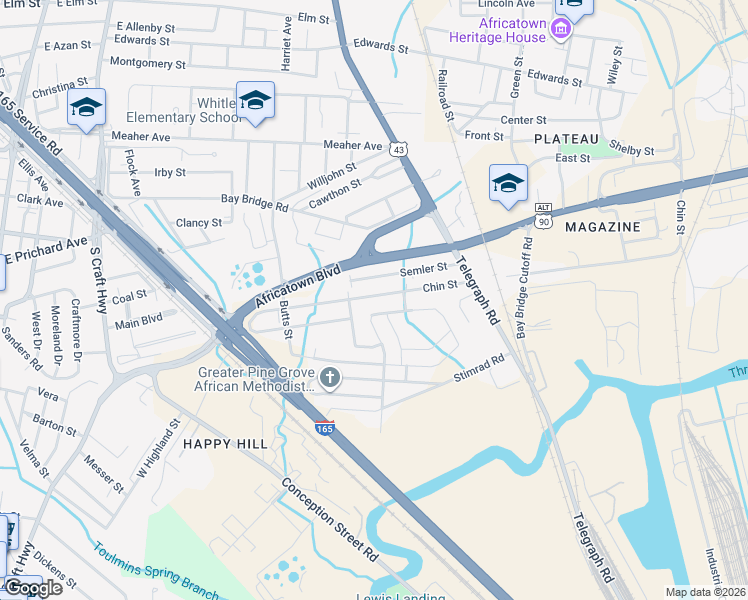 map of restaurants, bars, coffee shops, grocery stores, and more near 713 Chin Street in Mobile