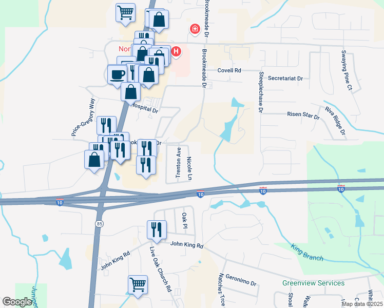 map of restaurants, bars, coffee shops, grocery stores, and more near 163 Nicole Lane in Crestview