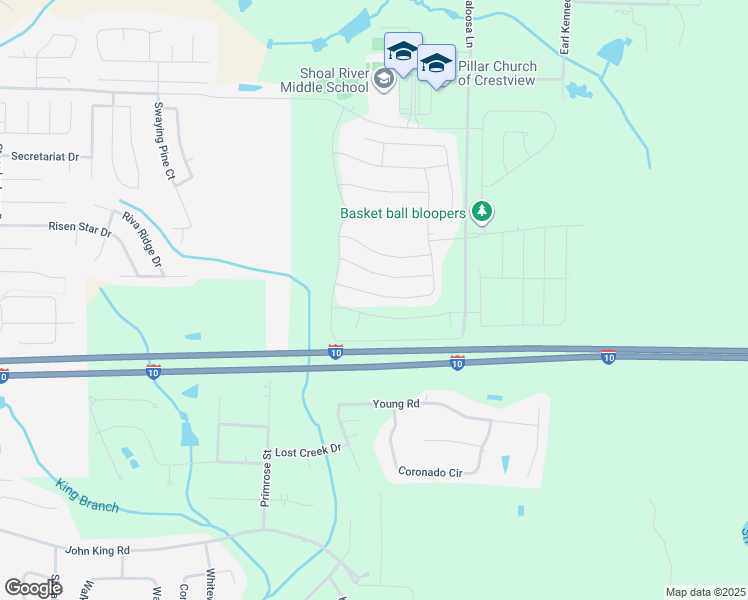 map of restaurants, bars, coffee shops, grocery stores, and more near 919 Merganser Way in Crestview