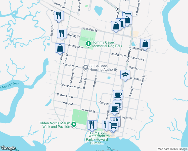 map of restaurants, bars, coffee shops, grocery stores, and more near 601 Bartlett Street in St. Marys