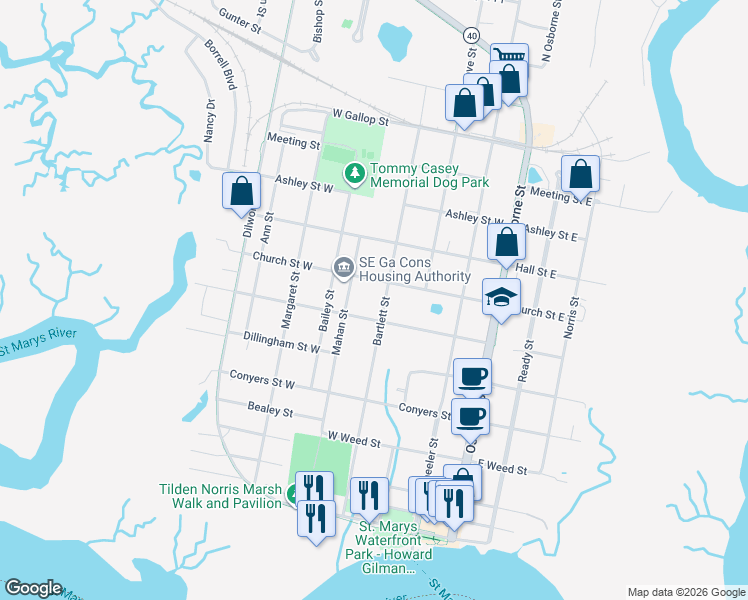 map of restaurants, bars, coffee shops, grocery stores, and more near 601 Bartlett Street in St. Marys