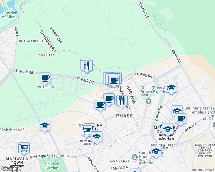 map of restaurants, bars, coffee shops, grocery stores, and more near IT Park Road in Chandigarh