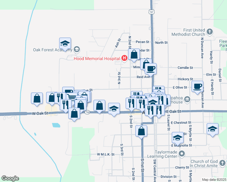 map of restaurants, bars, coffee shops, grocery stores, and more near 409 West Olive Street in Amite City