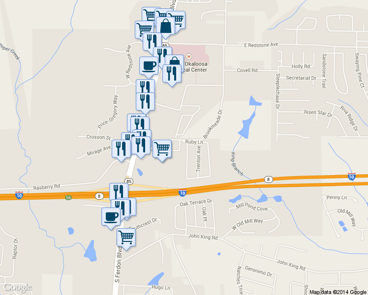 map of restaurants, bars, coffee shops, grocery stores, and more near 103 Nicole Lane in Crestview